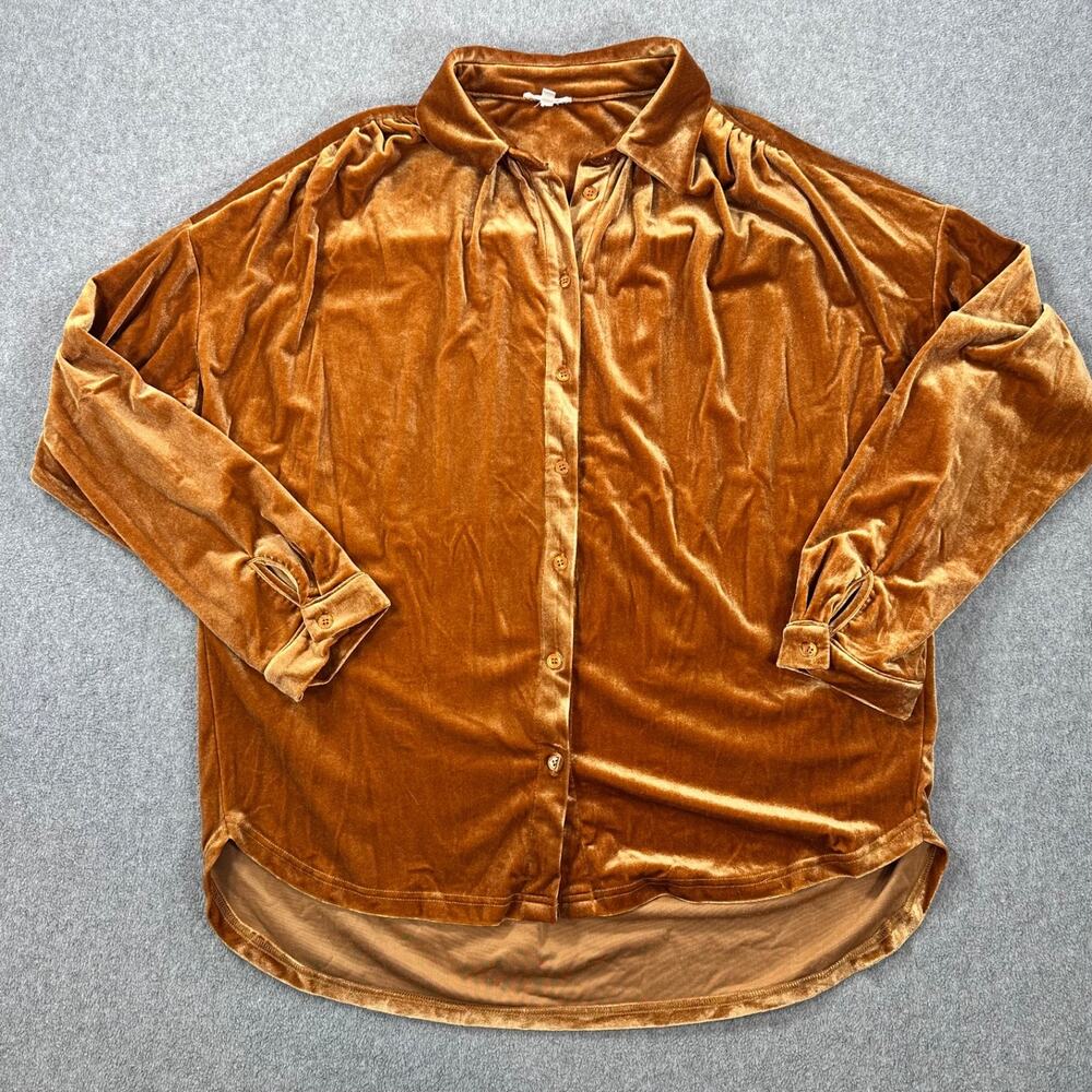 Jodifl Velvet Gathered Shoulder Blouse Women's Medium Golden Brown Button Front